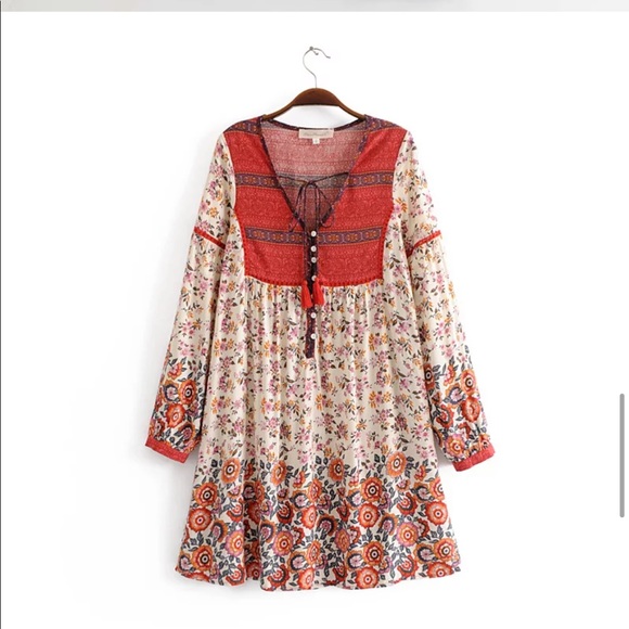Boho Floral Vintage Gypsy Print 70’s Dress Red - Picture 5 of 13